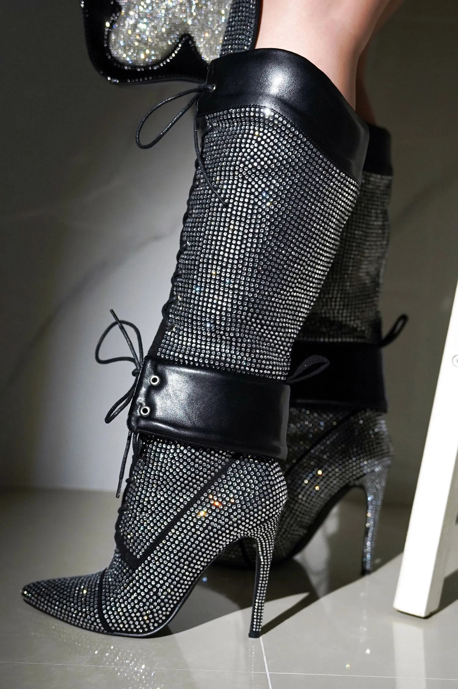 Charlott Rhinestone Embellished Lace Up Stiletto Knee High Boots - Black sold by Cape Robbin product image thumbnail 2