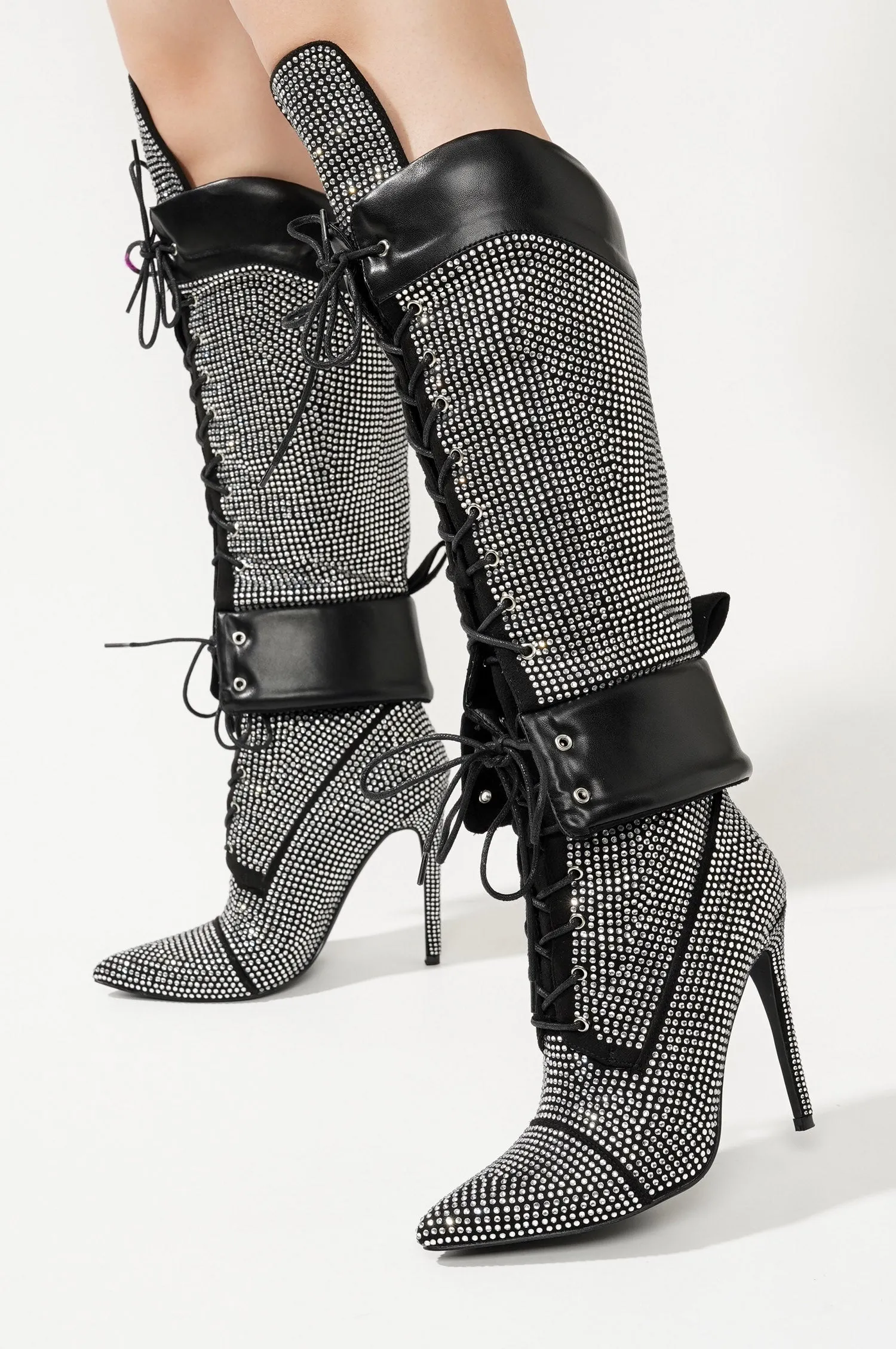 Charlott Rhinestone Embellished Lace Up Stiletto Knee High Boots - Black sold by Cape Robbin product image thumbnail 5