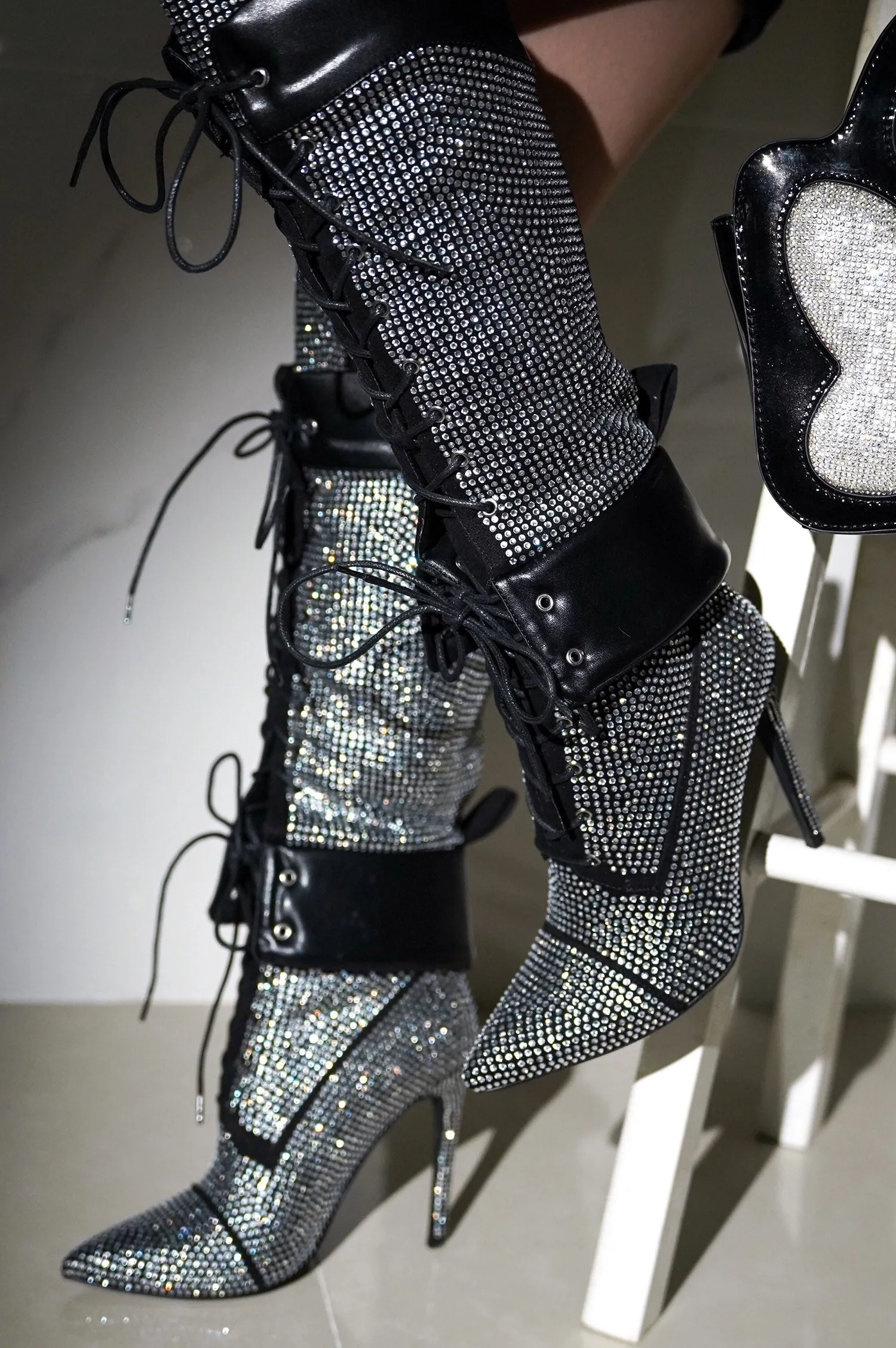 Charlott Rhinestone Embellished Lace Up Stiletto Knee High Boots - Black sold by Cape Robbin