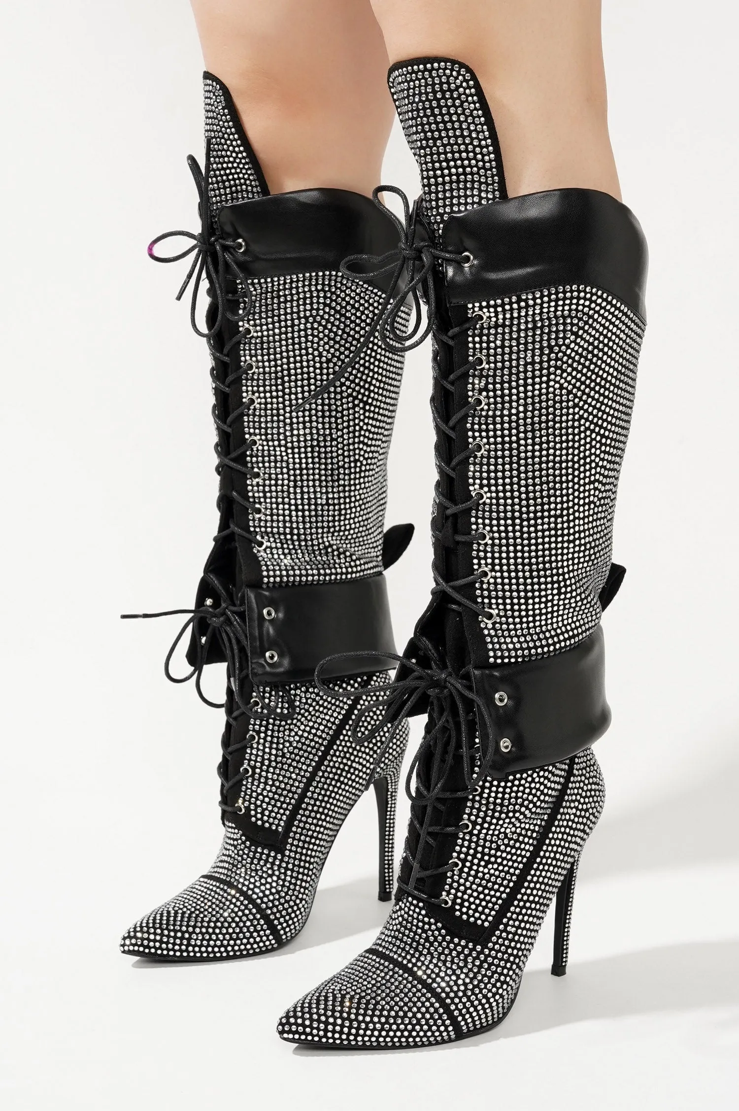 Charlott Rhinestone Embellished Lace Up Stiletto Knee High Boots - Black sold by Cape Robbin product image thumbnail 4