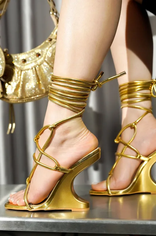 Rhetta Strappy Sculpted Wedge Heels - Gold sold by Cape Robbin