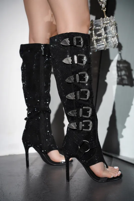 Moto Mami Glamorous Rhinestone Buckle Knee High Heel Boots - Black sold by Cape Robbin