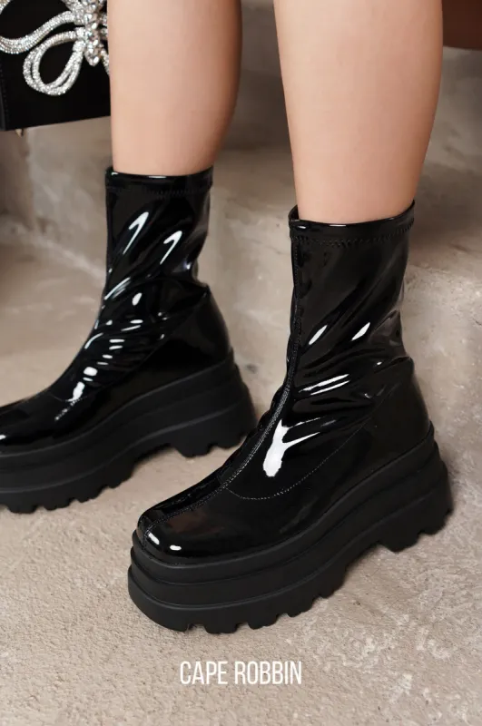 Beluga Shiny Patent Lug Platform Booties - Black sold by Cape Robbin