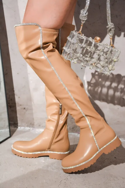Kuri Rhinestone-Lined Thigh High Boots - Tan sold by Cape Robbin