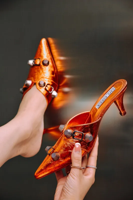 Vivianly Studded Metallic Pointed Toe Barely There Heels - Orange sold by Cape Robbin