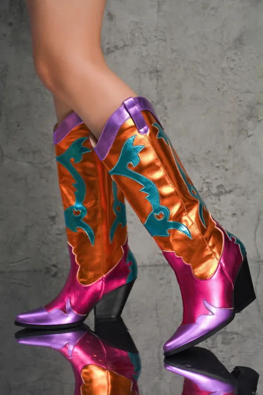 Juliana Metallic Color Block Western Cowboy Boots - Orange sold by Cape Robbin