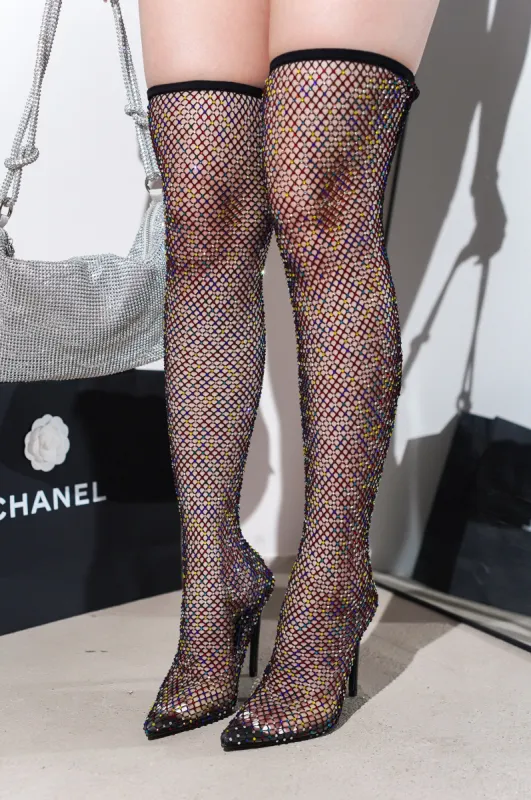 Linden Rhinestone Mesh Thigh High Heels - Black sold by Cape Robbin