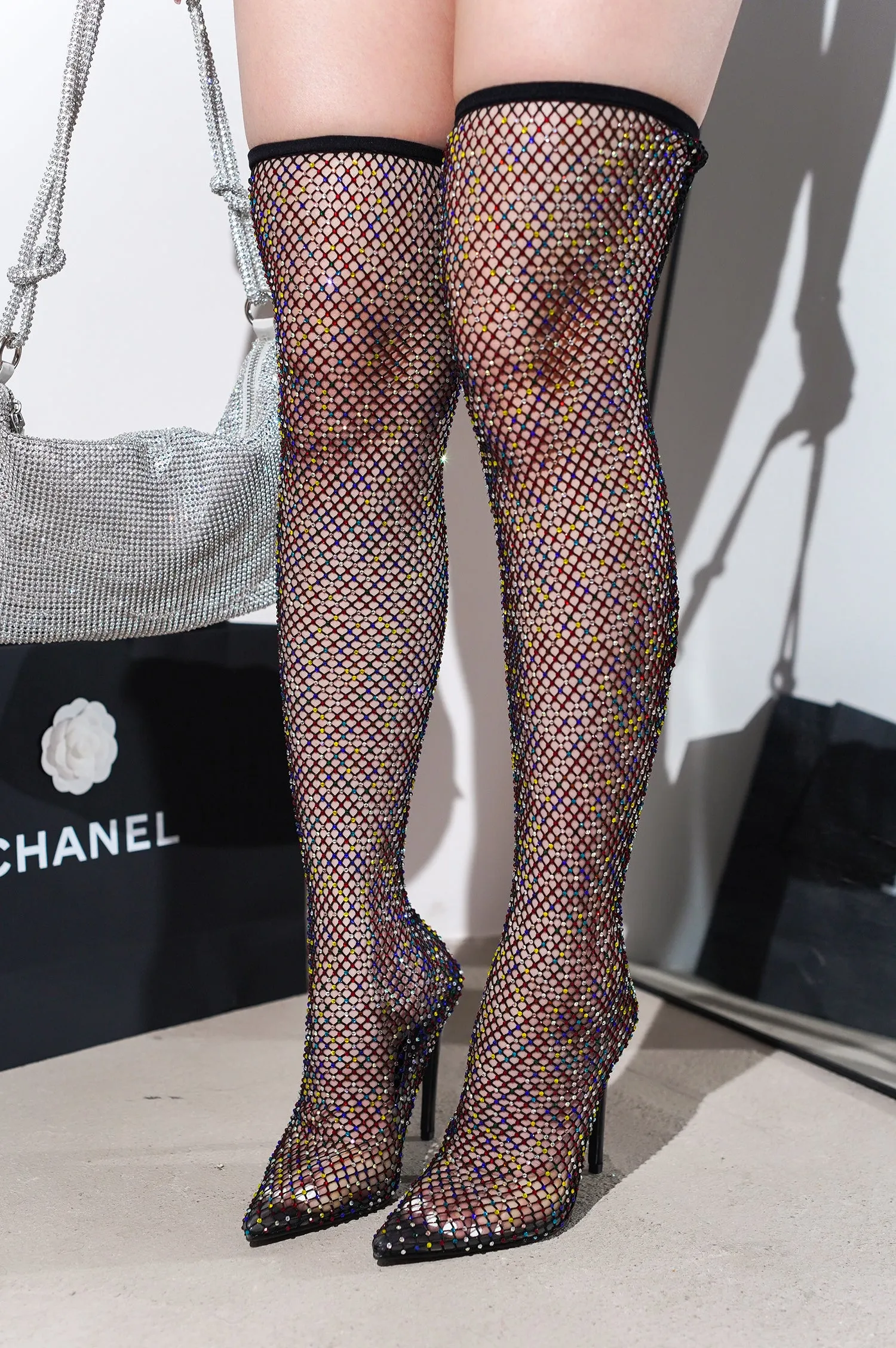 Linden Rhinestone Mesh Thigh High Heels - Black sold by Cape Robbin