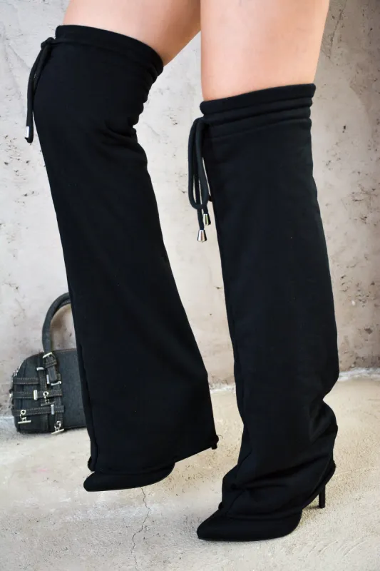 Cario Thigh-High Pointy Toe High Heel Boots - Black sold by Cape Robbin