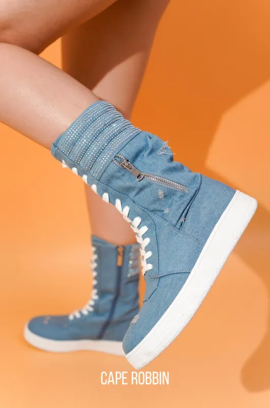 Megani Rhinestone Coated High Top Sneakers - Denim sold by Cape Robbin