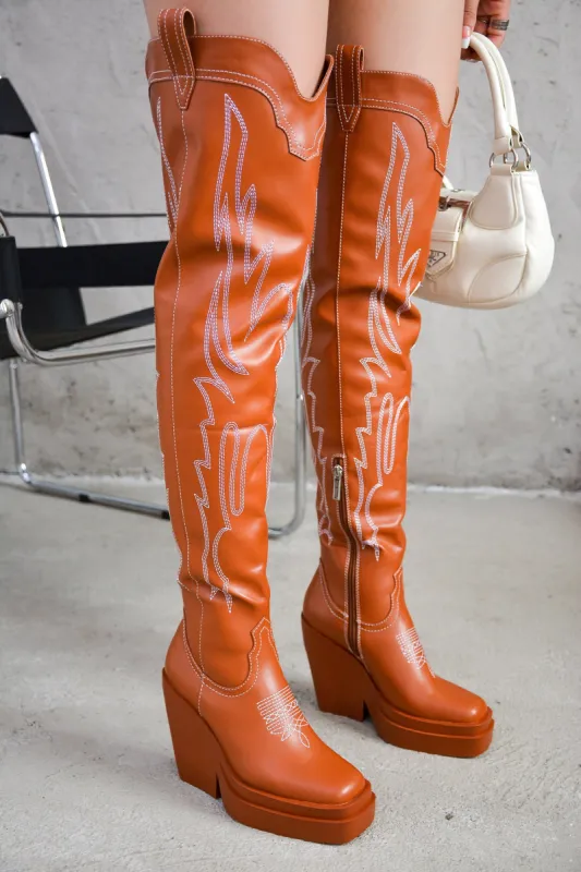 Vientiane Western Platform Knee-High Boot - Tan sold by Cape Robbin