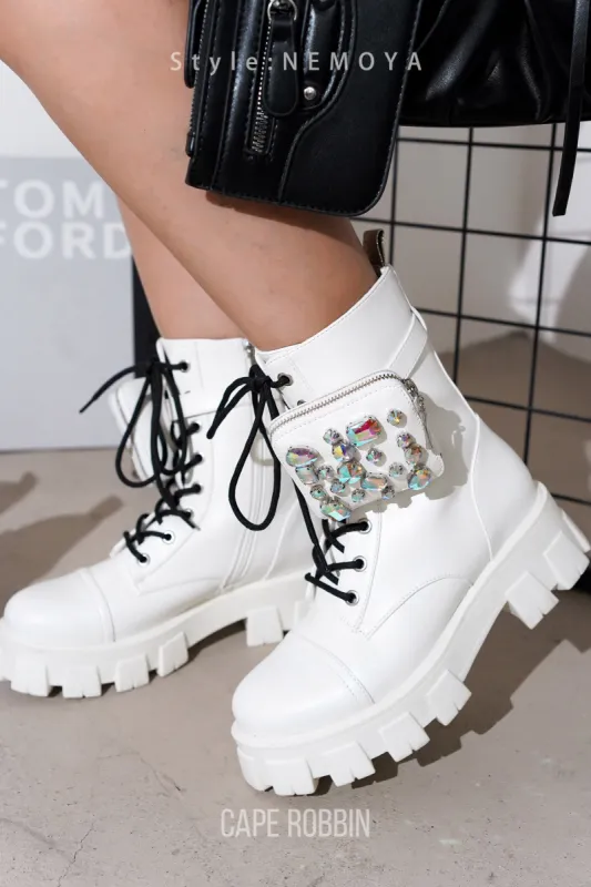Nemoya Gem-Studded Pouch Stylish Combat Boots - White sold by Cape Robbin