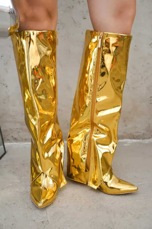 Resara Pointy Toe Metallic Knee-High Boots - Gold sold by Cape Robbin