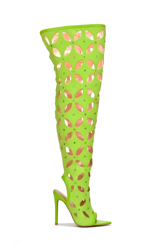 Diana Rhinestone Suede Thigh High Boots - Lime sold by Cape Robbin