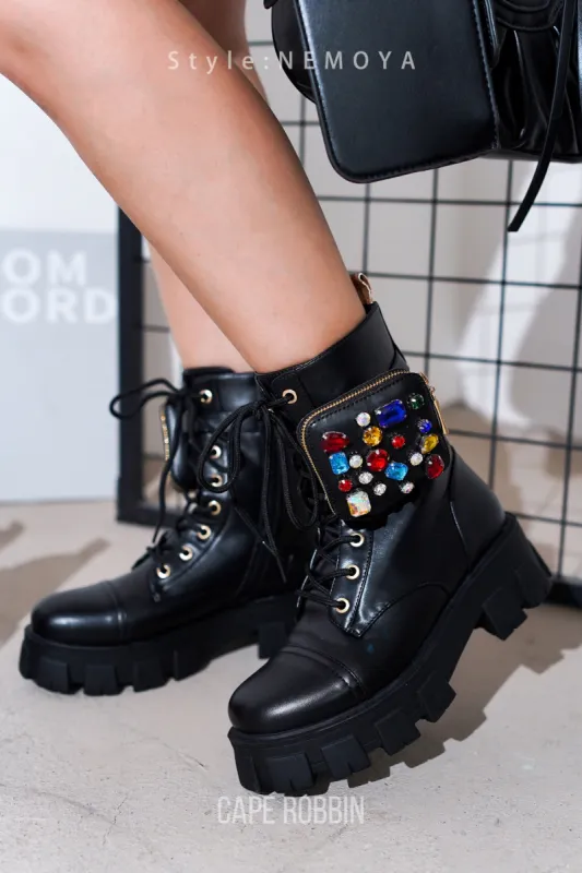 Nemoya Gem-Studded Pouch Stylish Combat Boots - Black sold by Cape Robbin