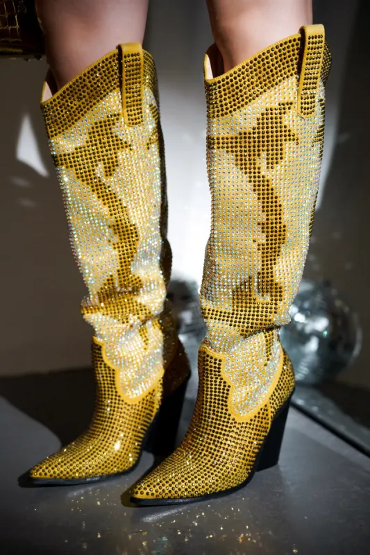 Malinde Rhinestone Embelished Western Inpired Knee High Boots - Gold sold by Cape Robbin