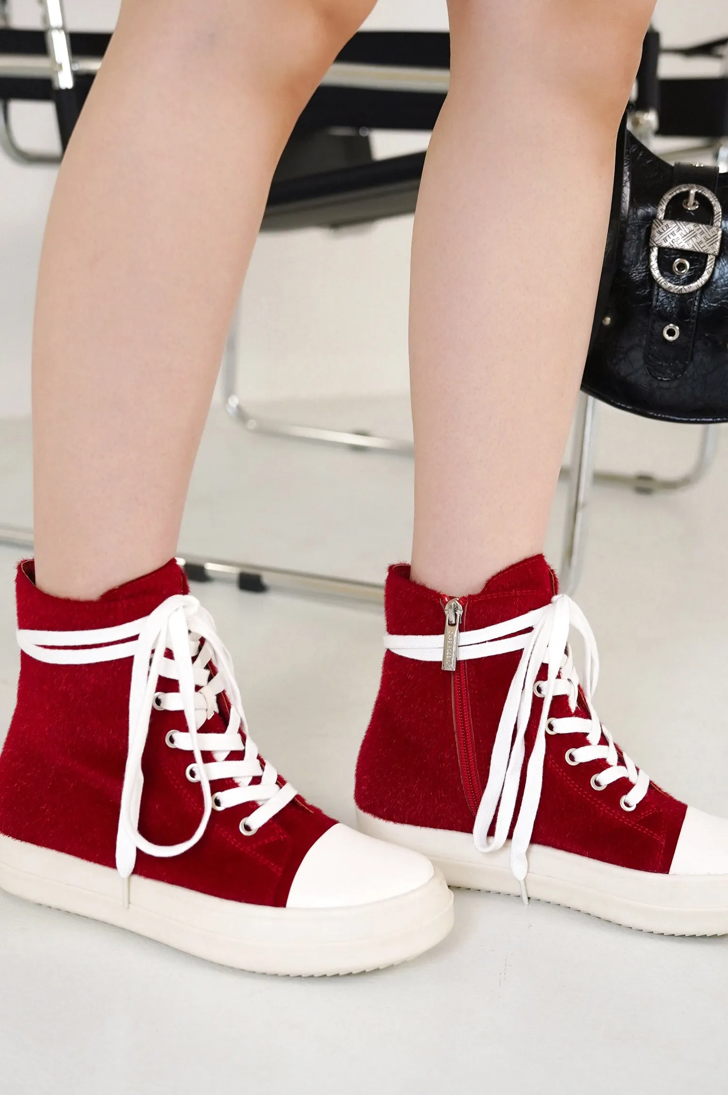Inesita Platform Lace-Up Pony Hair High-Top Sneakers - Red sold by Cape Robbin