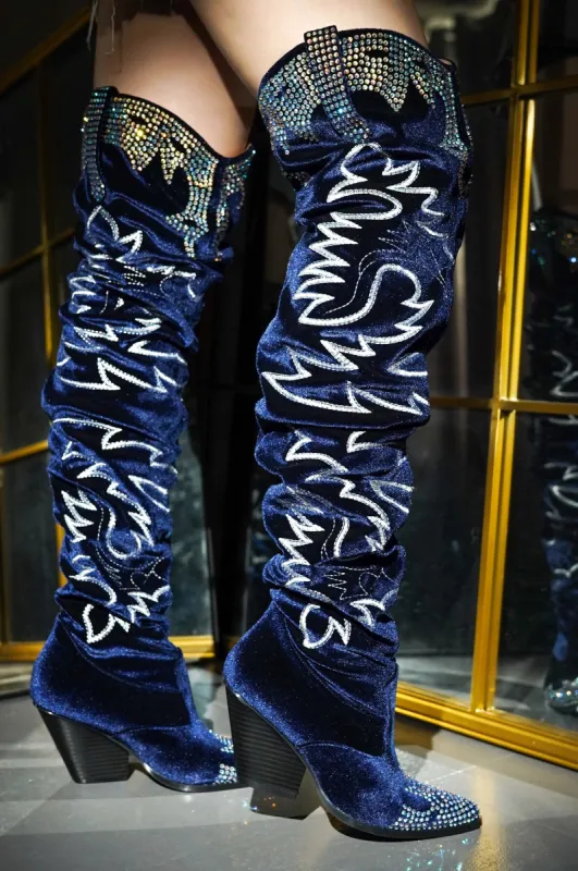 Lish Velvet Rhinestone Thigh High Slouchy Western Boots - Blue sold by Cape Robbin