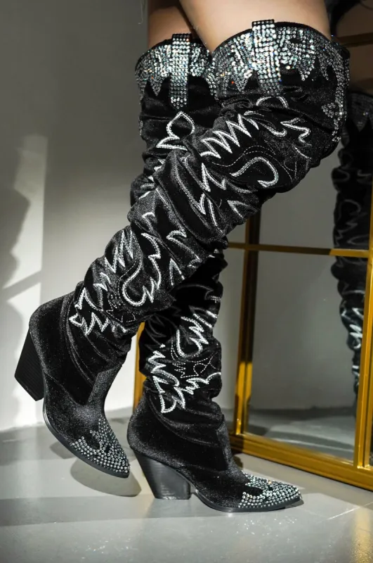 Lish Velvet Rhinestone Thigh High Slouchy Western Boots - Black sold by Cape Robbin