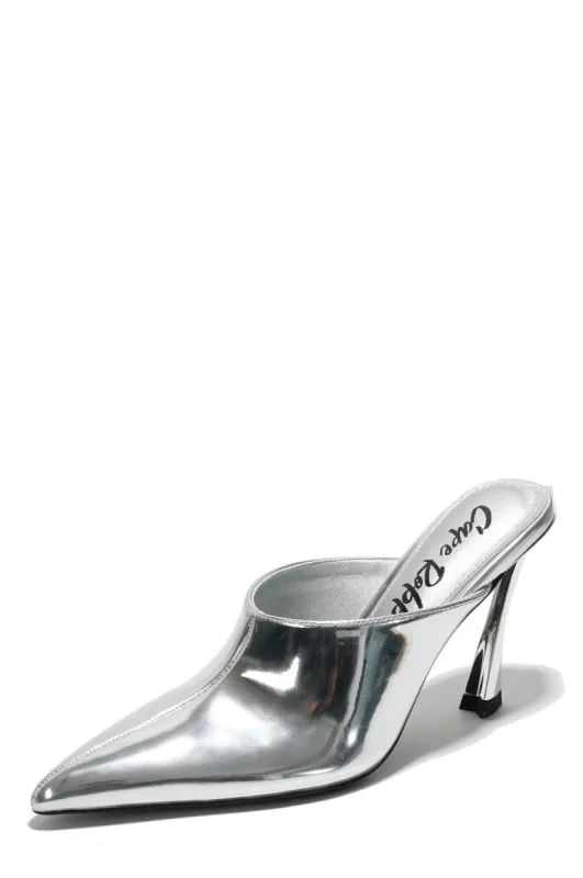 Lamb Statement Pointed Toe Mule Heels - Silver sold by Cape Robbin