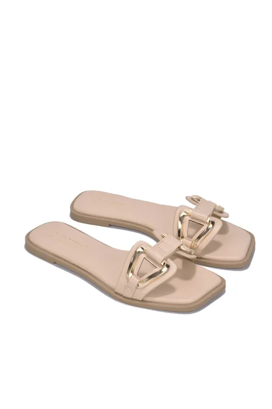 Jocha Stylish Summer Slide Sandals with Gold Accent Chain - Nude sold by Cape Robbin