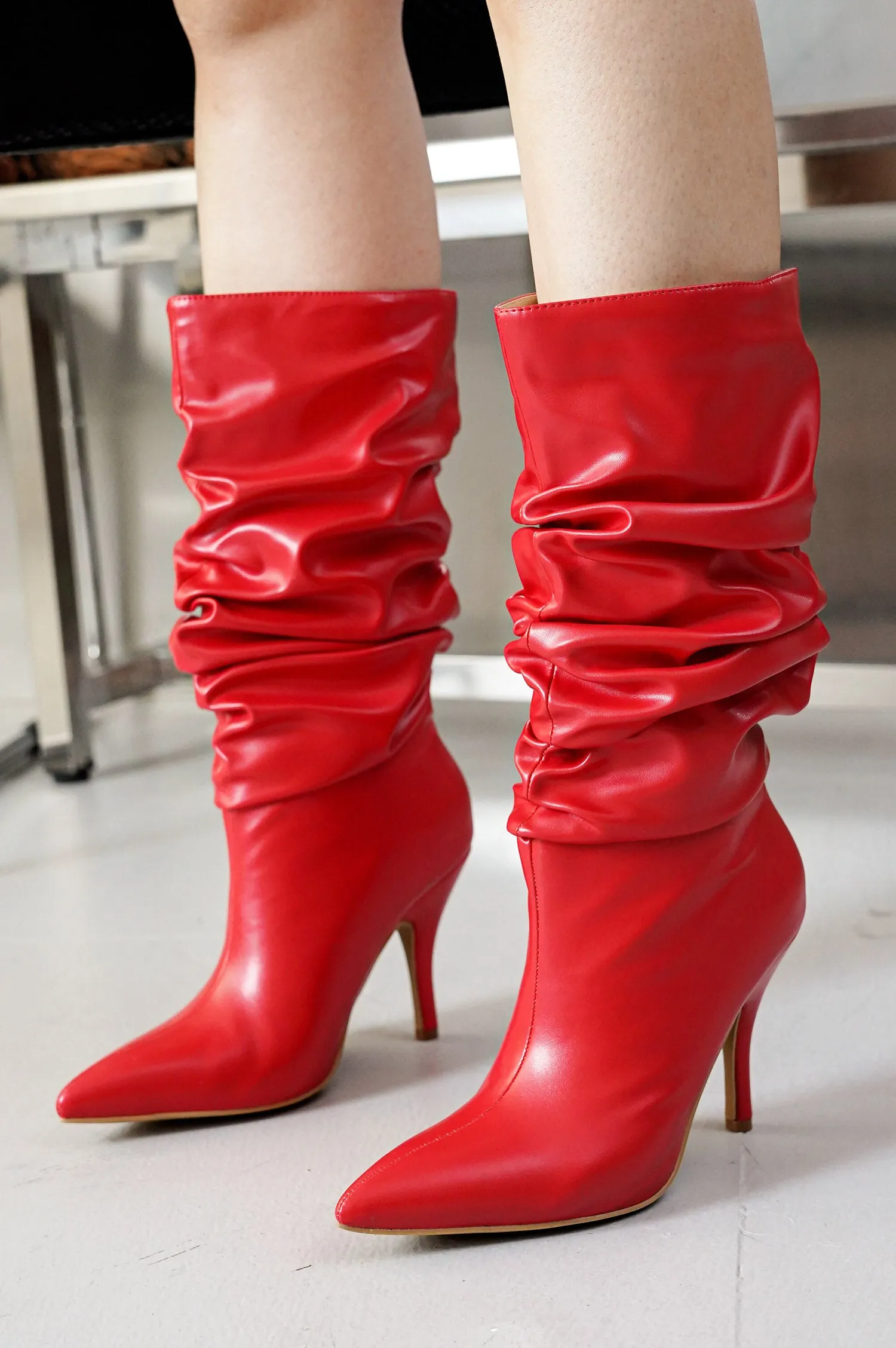 Khaite Ruched Stiletto Mid Calf Boots - Red sold by Cape Robbin