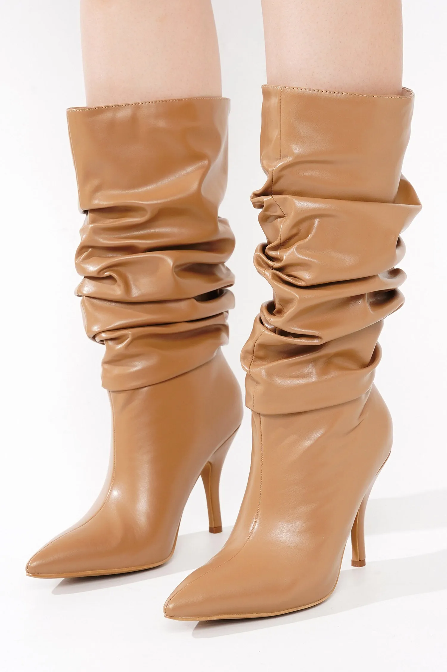 Khaite Ruched Stiletto Mid Calf Boots - Taupe sold by Cape Robbin product image thumbnail 5