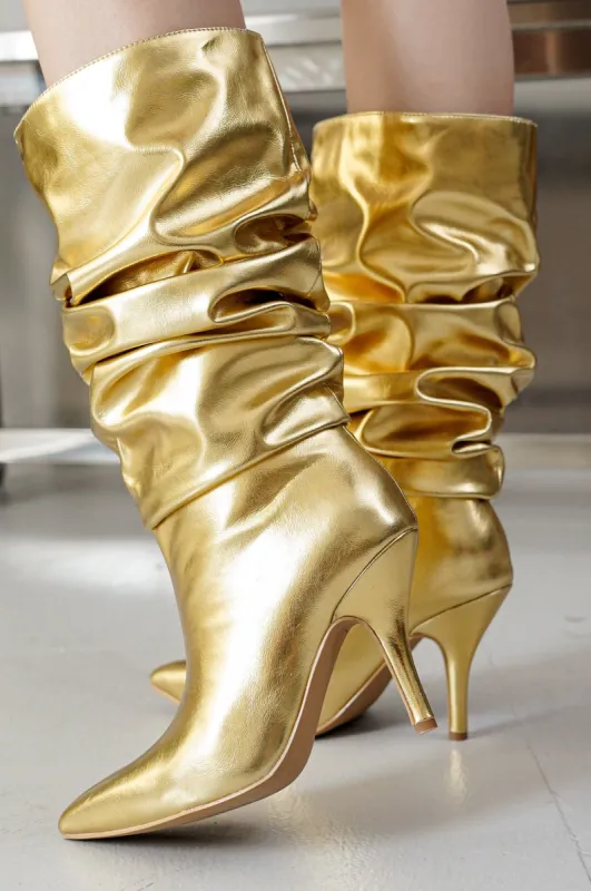 Khaite Ruched Stiletto Mid Calf Boots - Gold sold by Cape Robbin