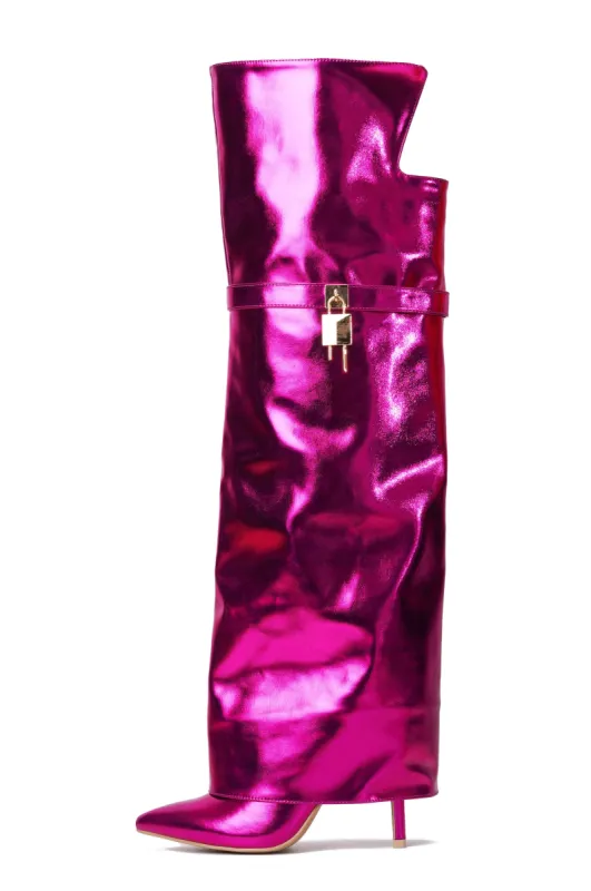 Dollie Fold-over Glossy Patent Leather Thigh High Boots - Fuchsia sold by Cape Robbin