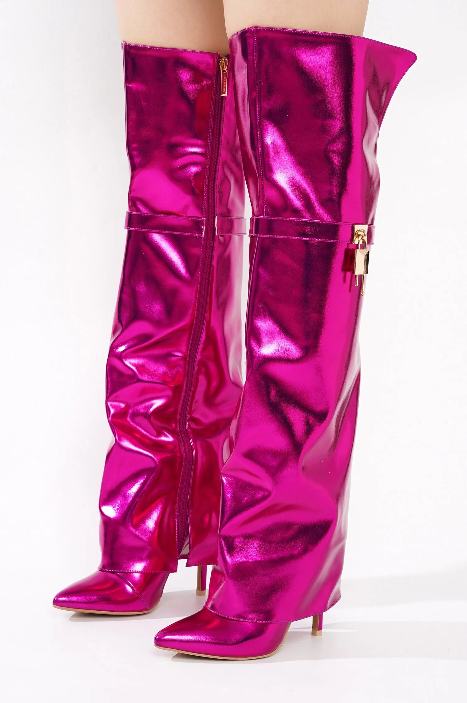 Dollie Fold-over Glossy Patent Leather Thigh High Boots - Fuchsia sold by Cape Robbin product image thumbnail 4