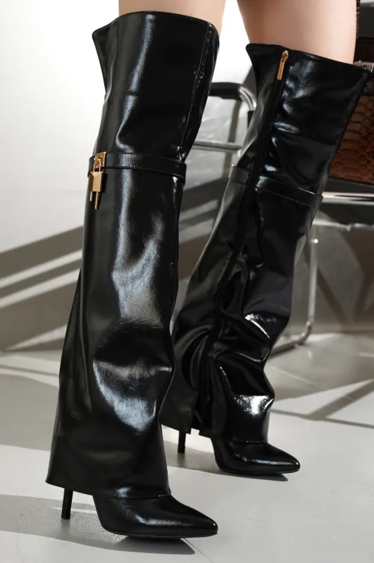 Dollie Fold-over Glossy Patent Leather Thigh High Boots - Black sold by Cape Robbin