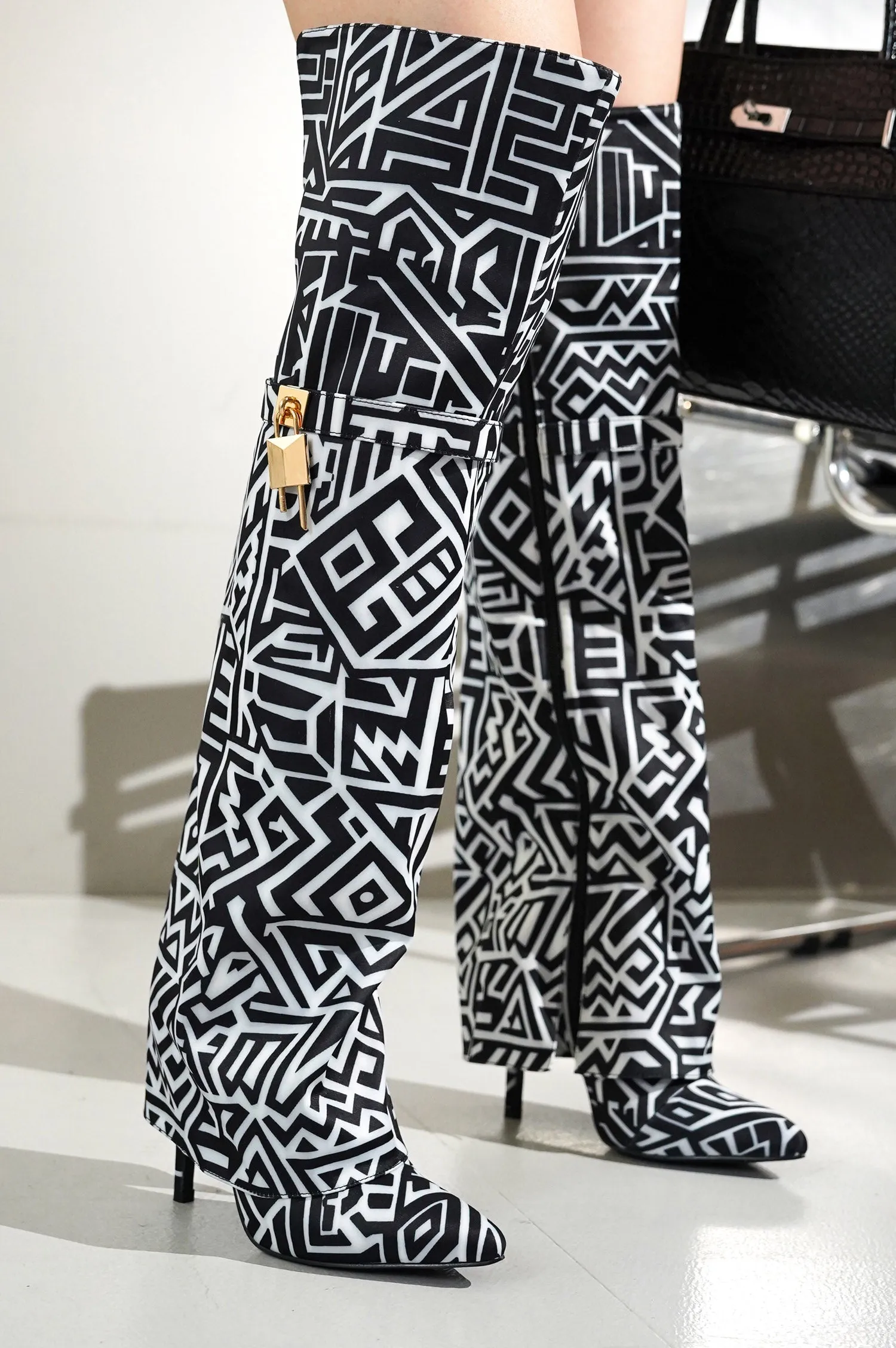 Dollie Fold-over Glossy Patent Leather Thigh High Boots - Print sold by Cape Robbin