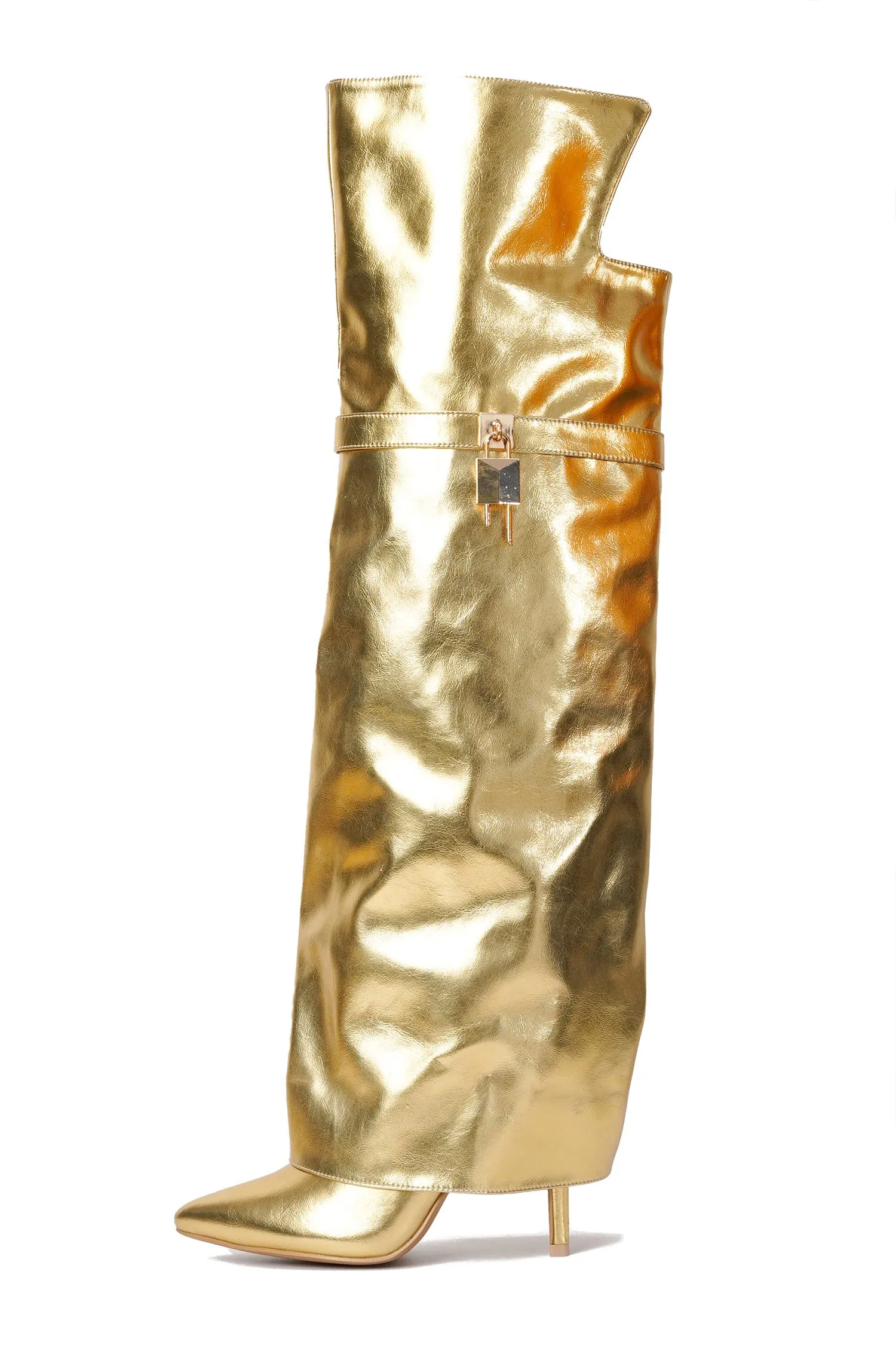 Dollie Fold-over Glossy Patent Leather Thigh High Boots - Gold sold by Cape Robbin