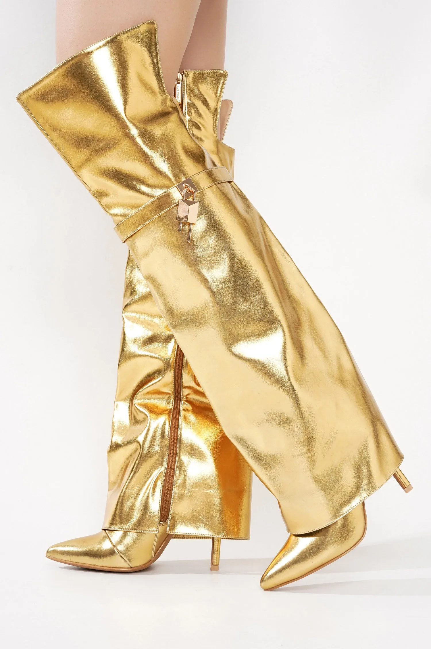 Dollie Fold-over Glossy Patent Leather Thigh High Boots - Gold sold by Cape Robbin product image thumbnail 3