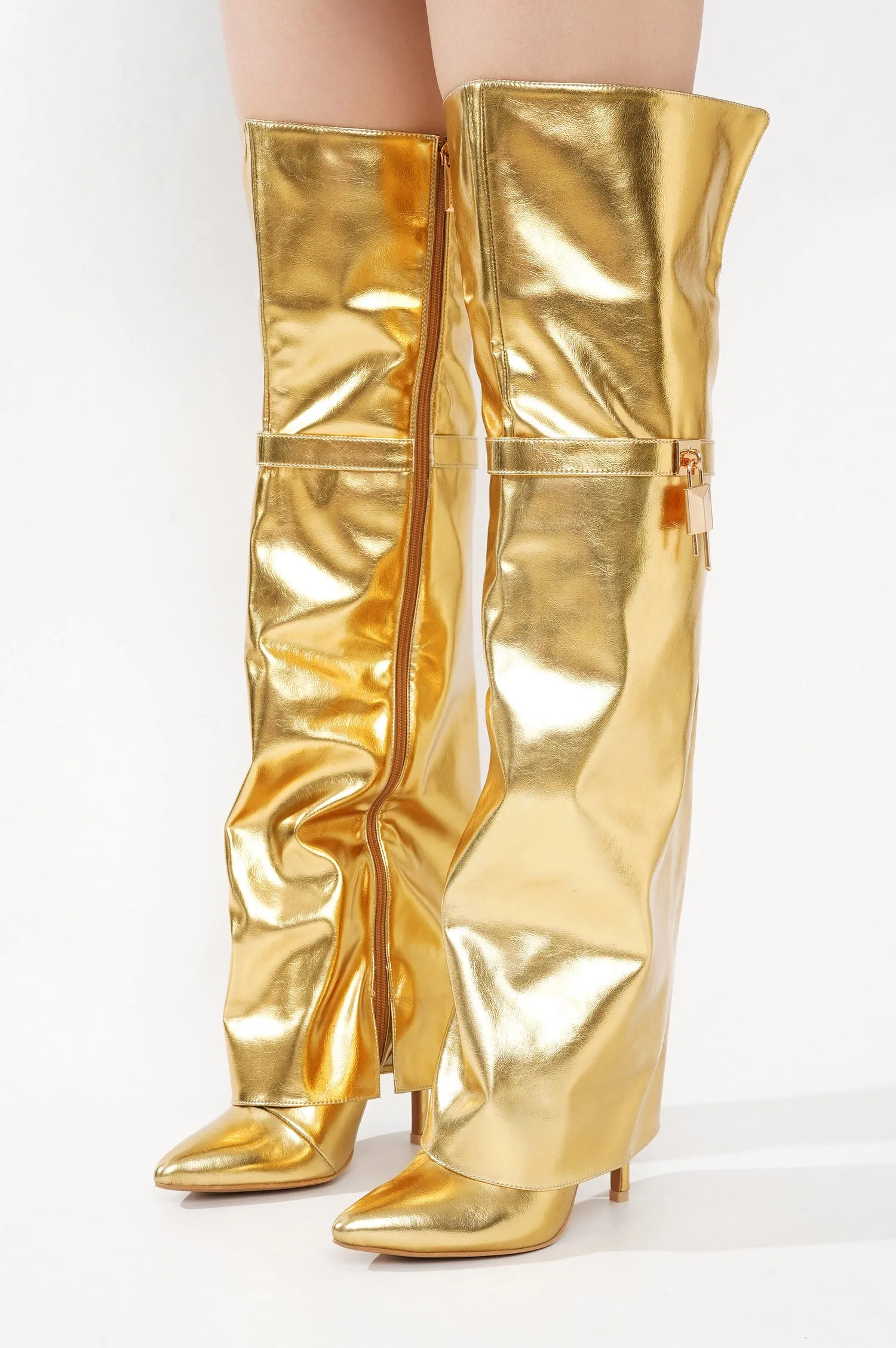 Dollie Fold-over Glossy Patent Leather Thigh High Boots - Gold sold by Cape Robbin product image thumbnail 4