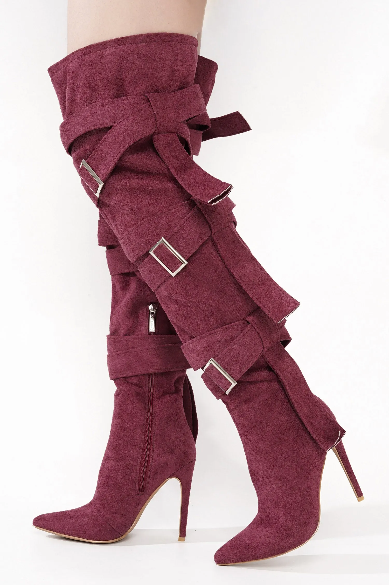 Katey Buckle Suede Wrap Over-the-Knee Boots - Burgundy sold by Cape Robbin product image thumbnail 4