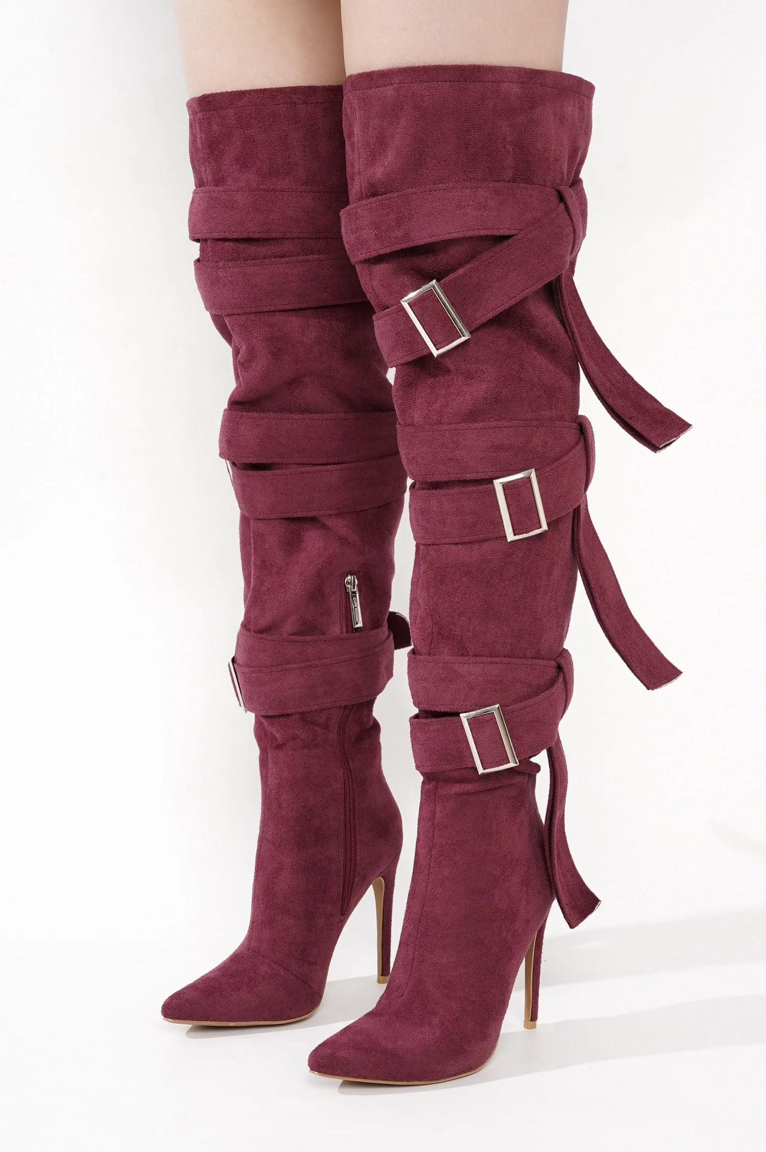 Katey Buckle Suede Wrap Over-the-Knee Boots - Burgundy sold by Cape Robbin product image thumbnail 5