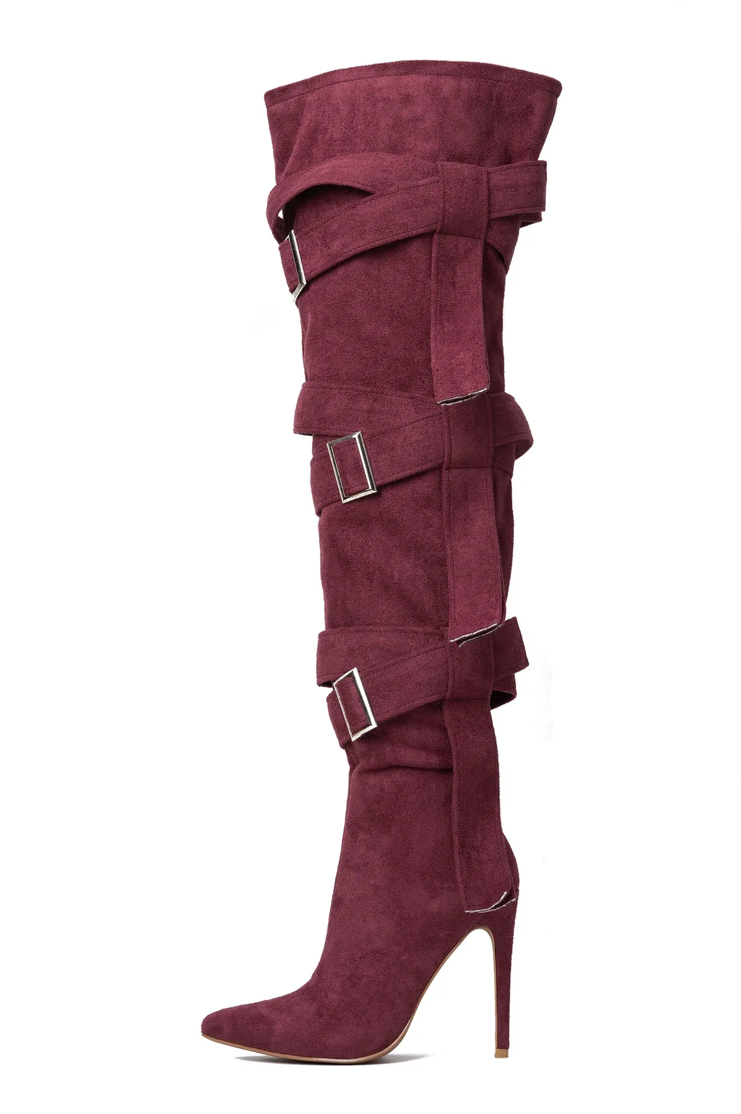Katey Buckle Suede Wrap Over-the-Knee Boots - Burgundy sold by Cape Robbin product image thumbnail 2