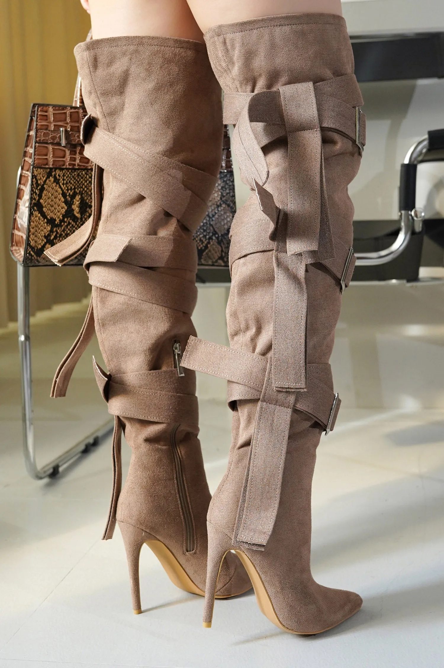 Katey Buckle Suede Wrap Over-the-Knee Boots - Beige sold by Cape Robbin