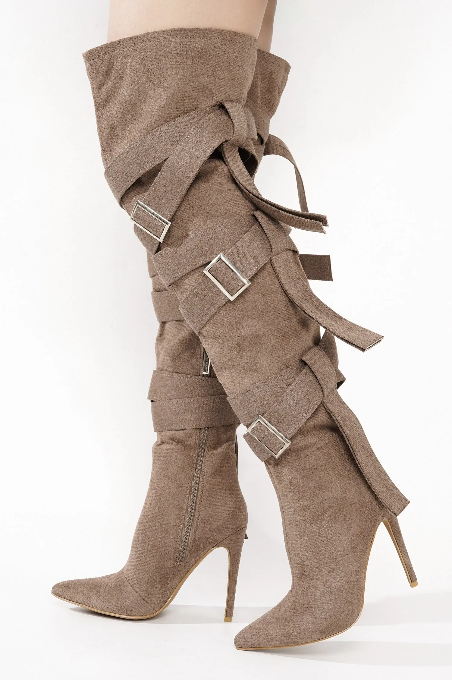 Katey Buckle Suede Wrap Over-the-Knee Boots - Beige sold by Cape Robbin product image thumbnail 4