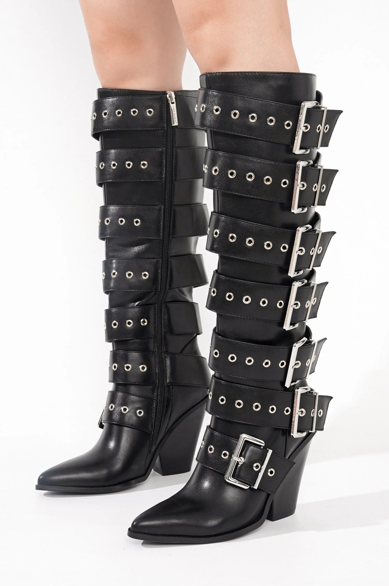 Maureene Knee-High Buckle Strap Chunky Heel Boots - Black sold by Cape Robbin product image thumbnail 5