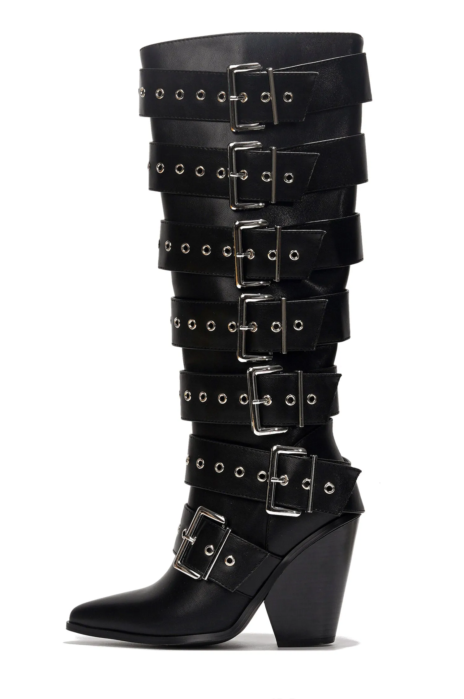 Maureene Knee-High Buckle Strap Chunky Heel Boots - Black sold by Cape Robbin product image thumbnail 2
