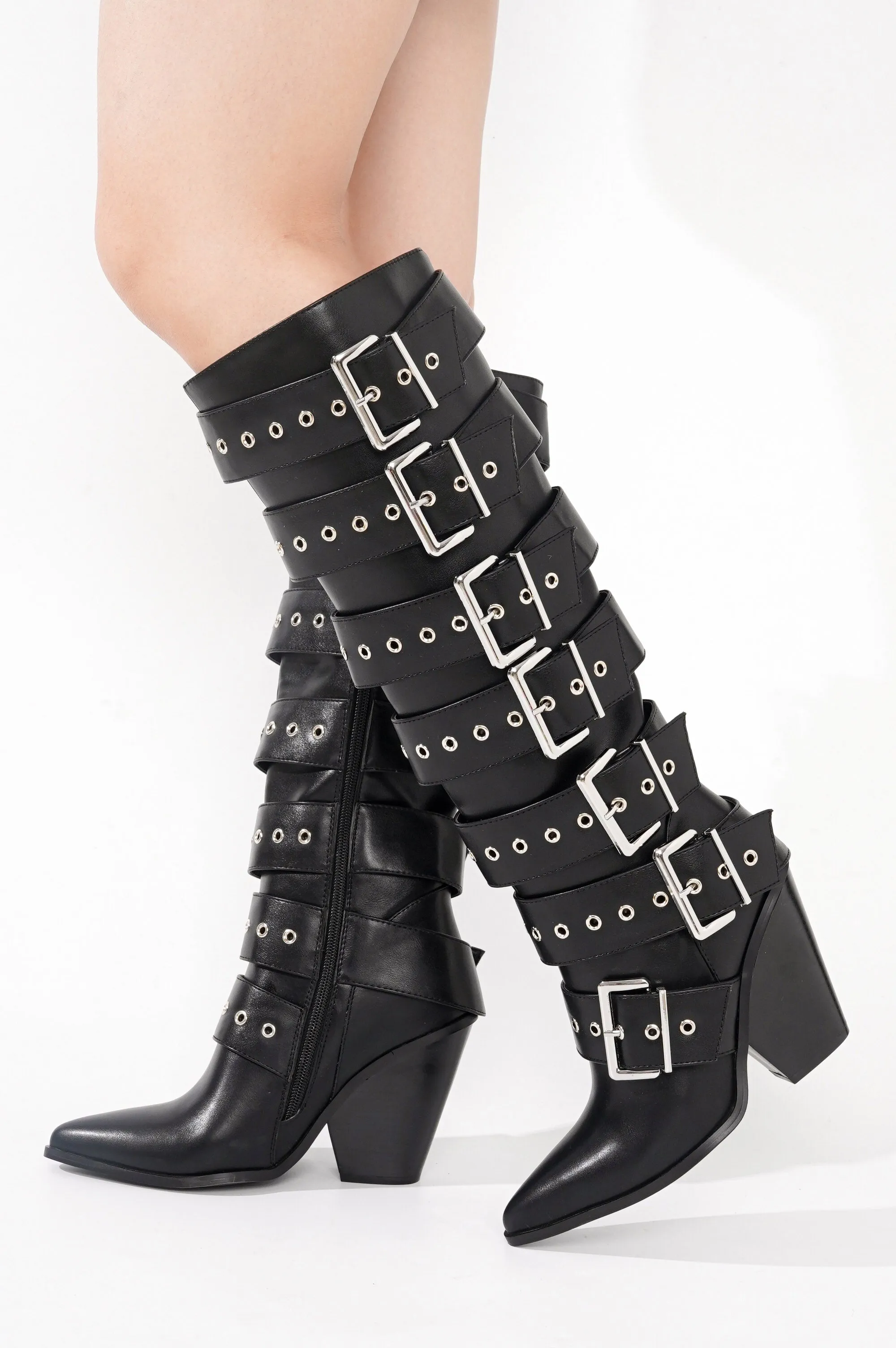 Maureene Knee-High Buckle Strap Chunky Heel Boots - Black sold by Cape Robbin product image thumbnail 4