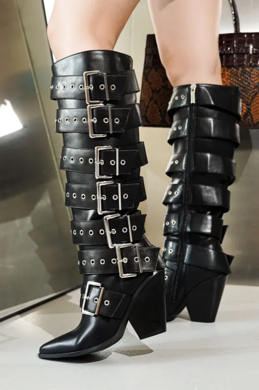 Maureene Knee-High Buckle Strap Chunky Heel Boots - Black sold by Cape Robbin