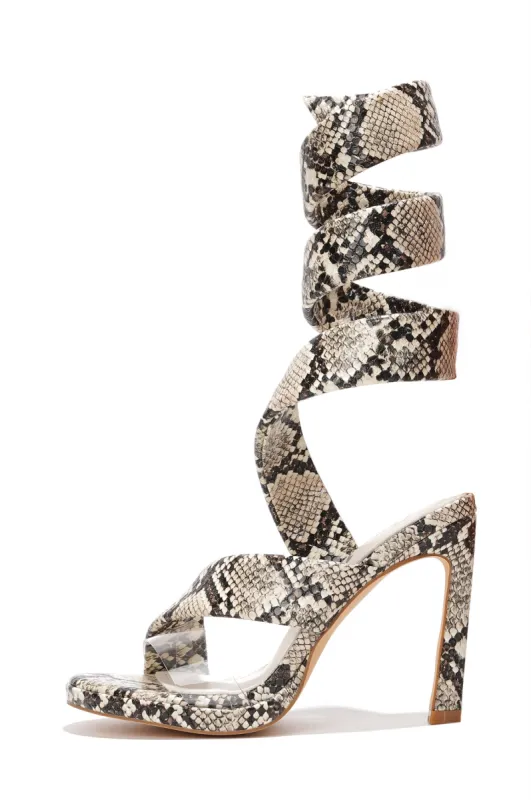 Marybeth Open Toe Spiral Strap High Heel Sandals - Snake sold by Cape Robbin