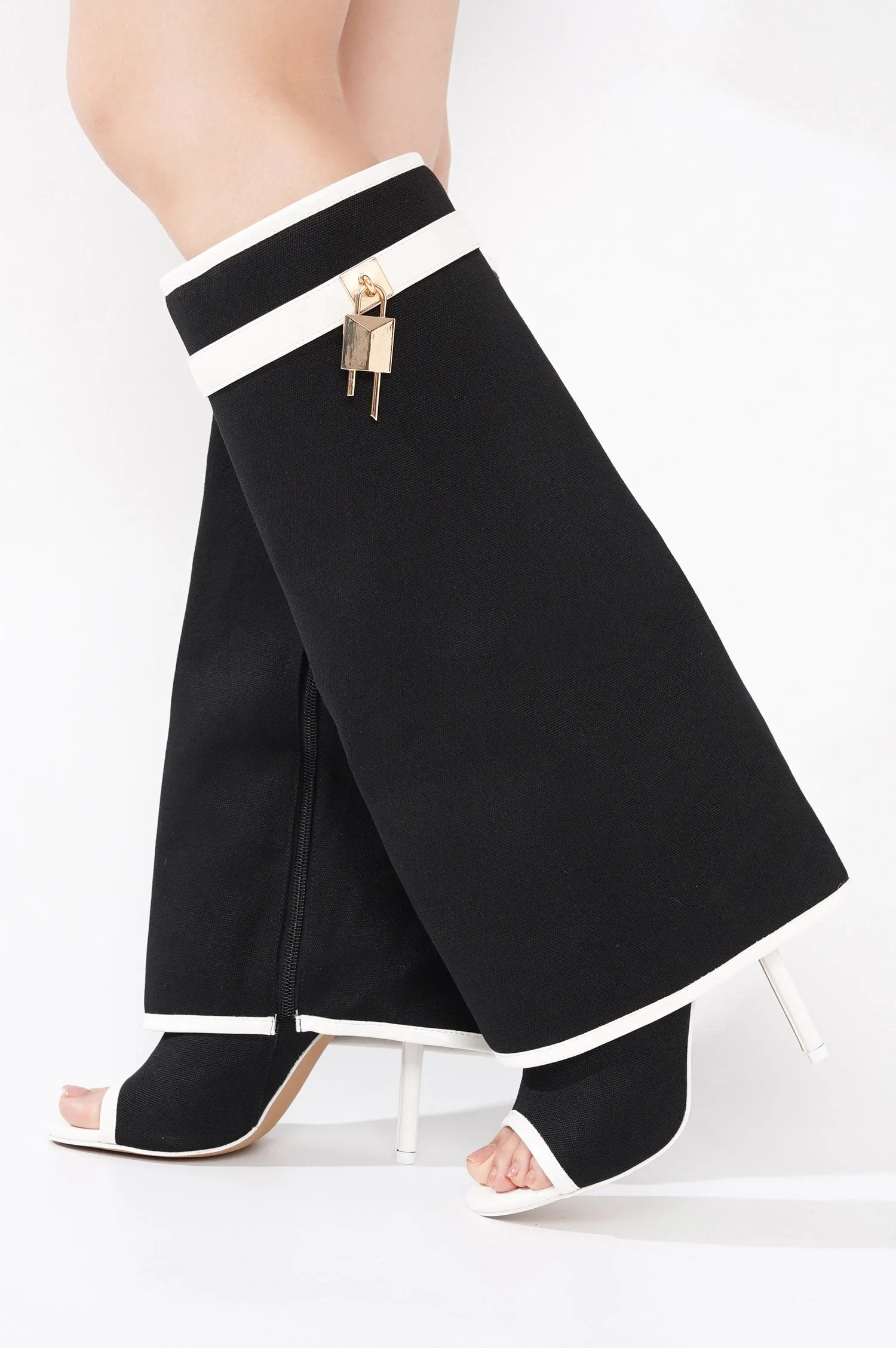 Katrinka Open Toe Padlock Detail Wide-Leg Stiletto Boots - Black sold by Cape Robbin product image thumbnail 4