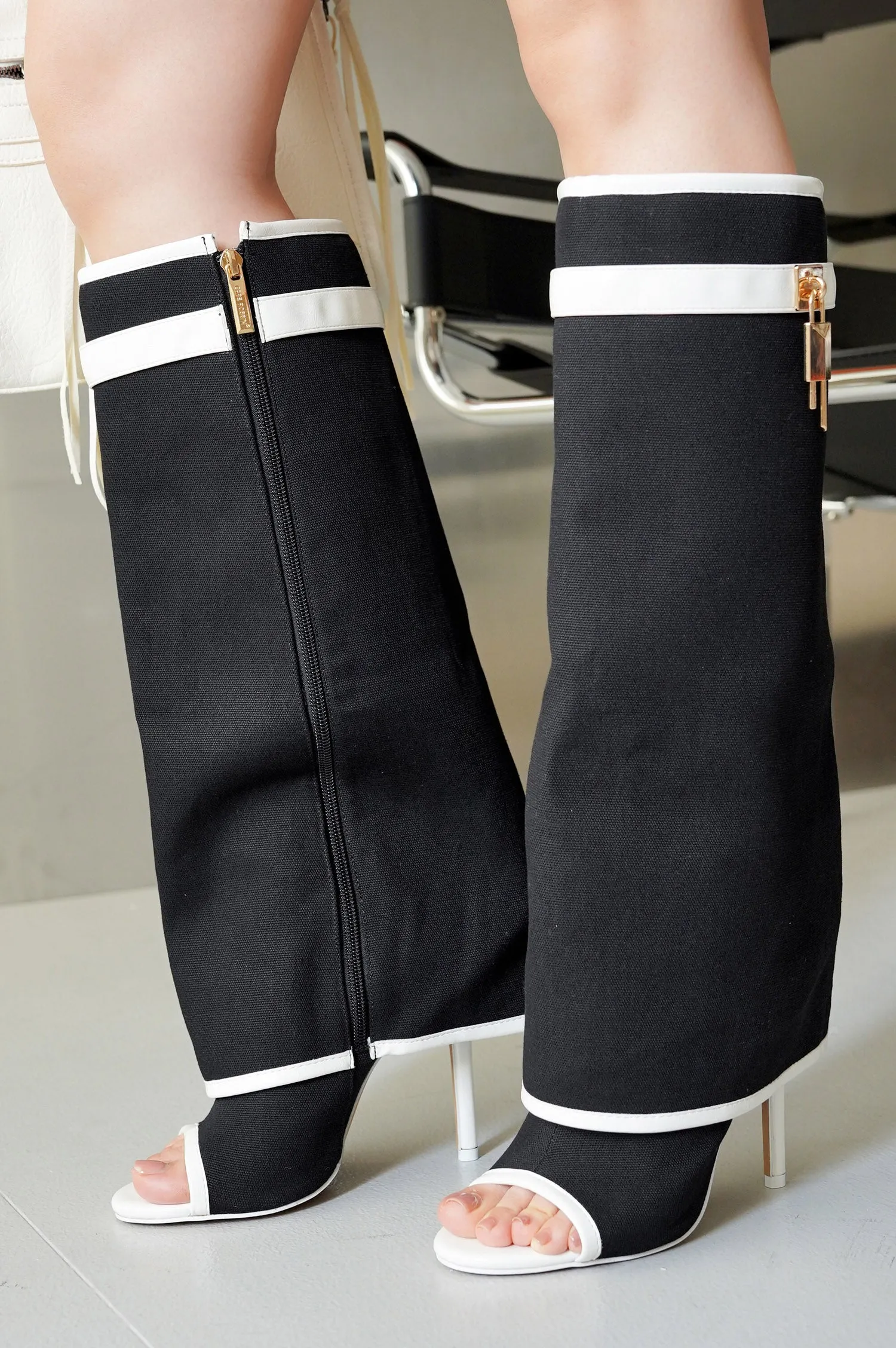 Katrinka Open Toe Padlock Detail Wide-Leg Stiletto Boots - Black sold by Cape Robbin