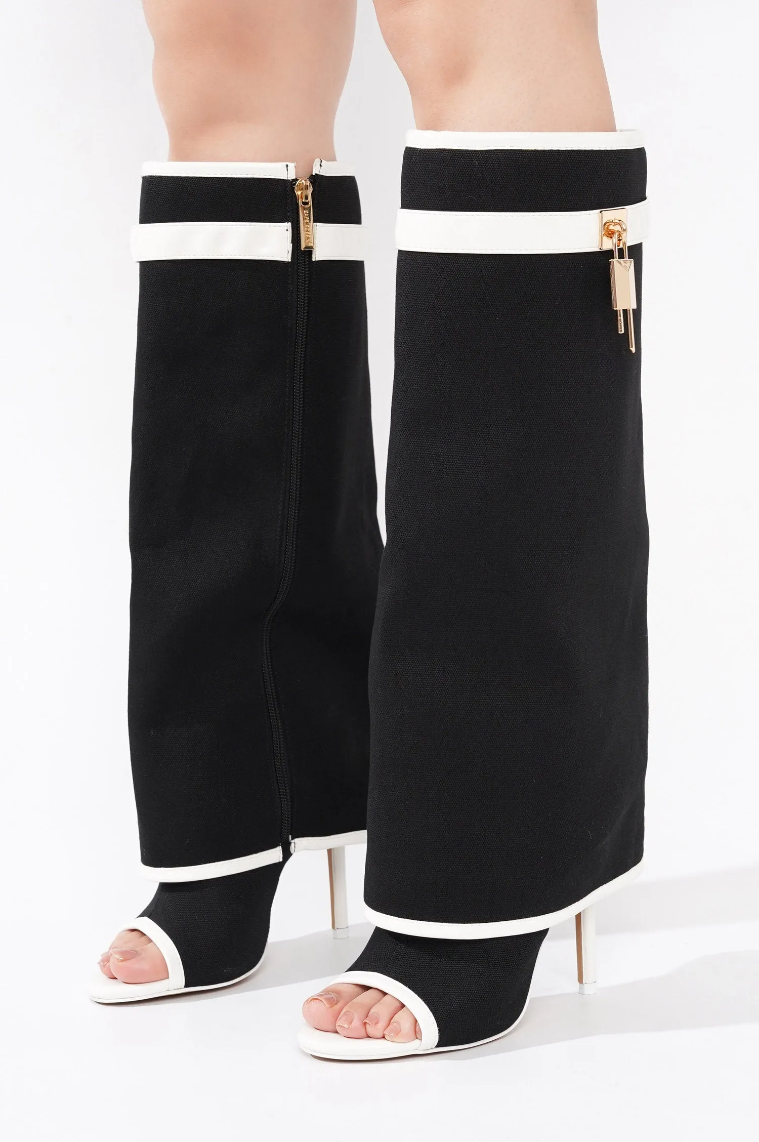 Katrinka Open Toe Padlock Detail Wide-Leg Stiletto Boots - Black sold by Cape Robbin product image thumbnail 5