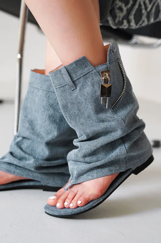 Sari Slouchy Sandals With Zipper Detail - Denim sold by Cape Robbin