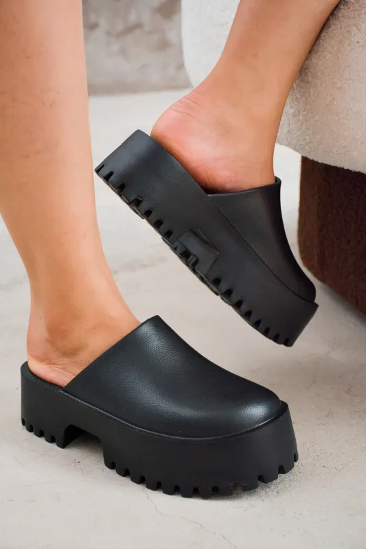 Heights Chunky Lug Sole Platform Mules - Black sold by Cape Robbin